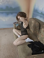 Nerdy Russian girl with small tits takes off lingerie on the couch